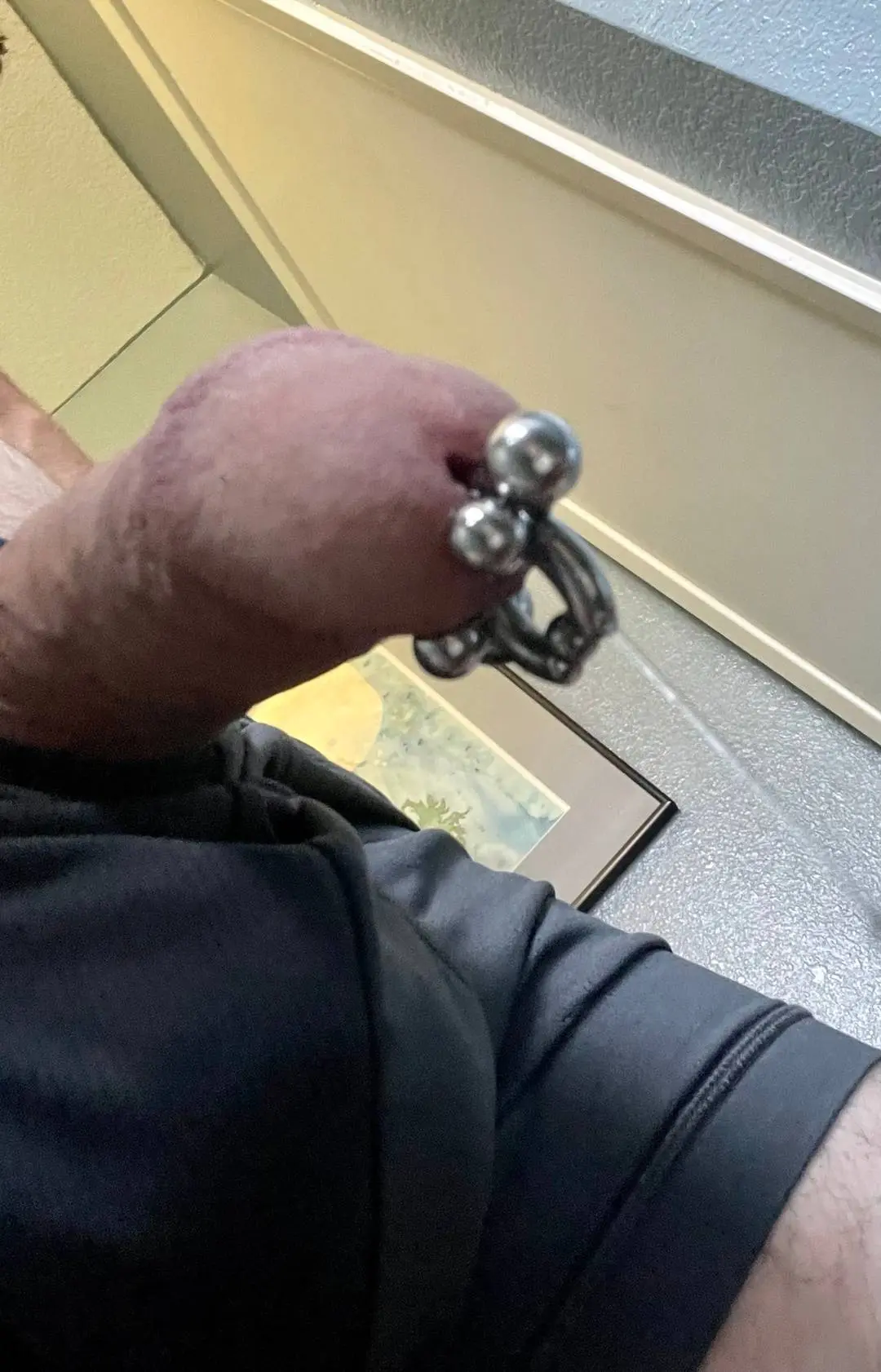 Close-up pelfie of a white uncut penis with a metal cock ring, beads, and a genital piercing.