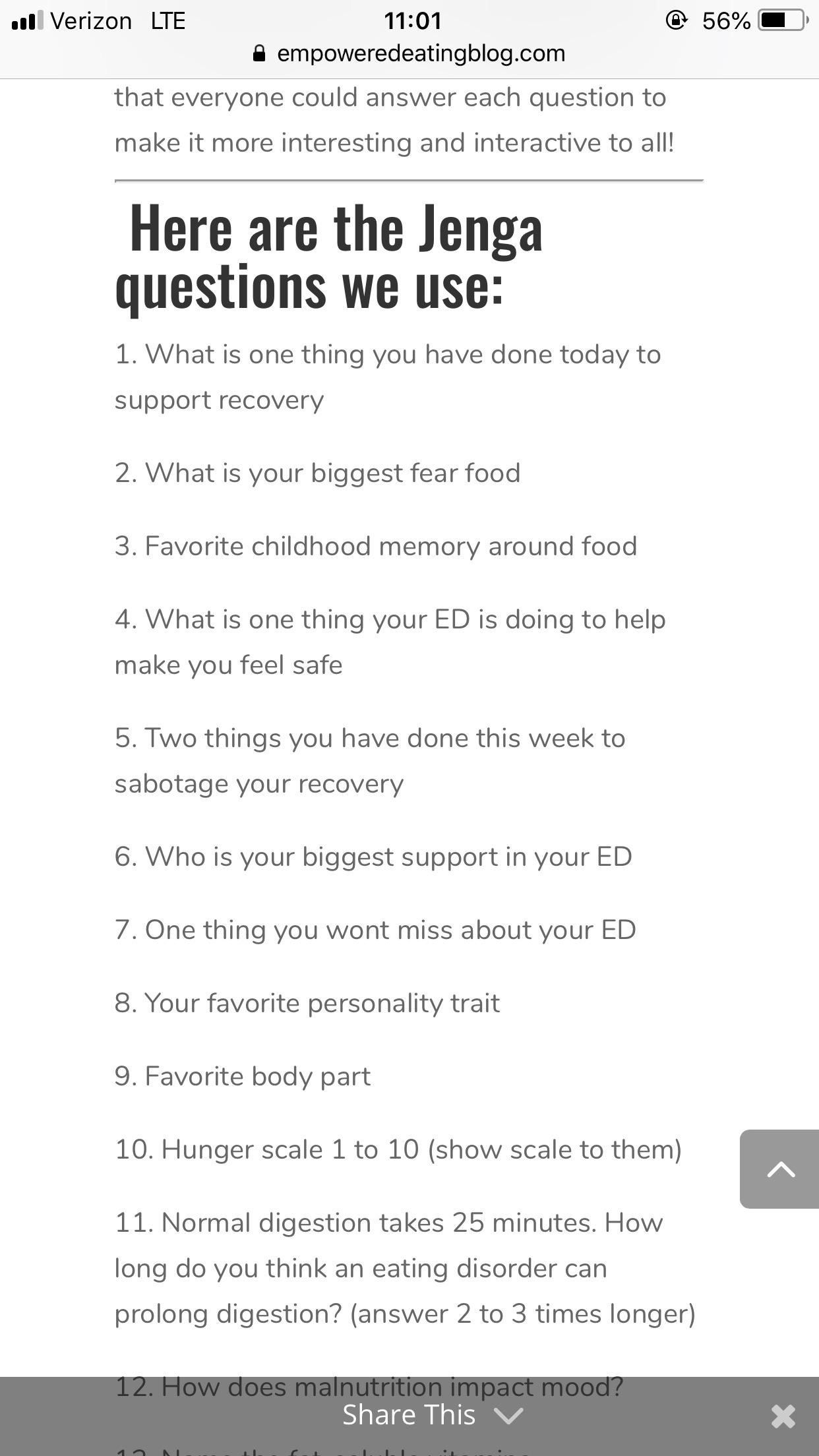 Eating disorder questions for mindfulness and interacting with others