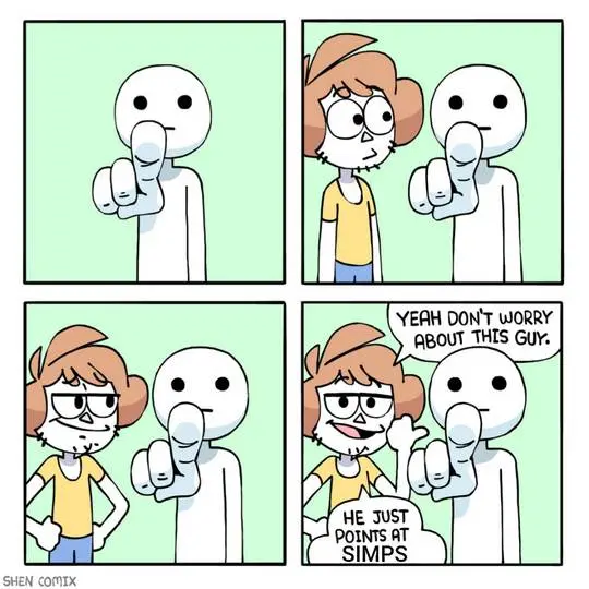 Simps Shen Comix: a four-panel comic strip with a white figure pointing at a person with brown hair