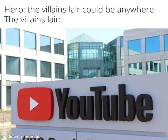MxRMods meme showing a YouTube office building as a villain's lair with the text GLORY TO THE KREWSADE