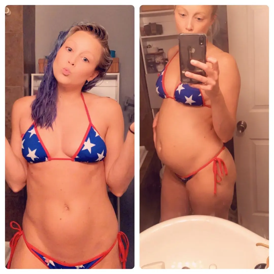 Belly expansion before and after of a white woman with blue hair in a stars and stripes bikini mirror selfie