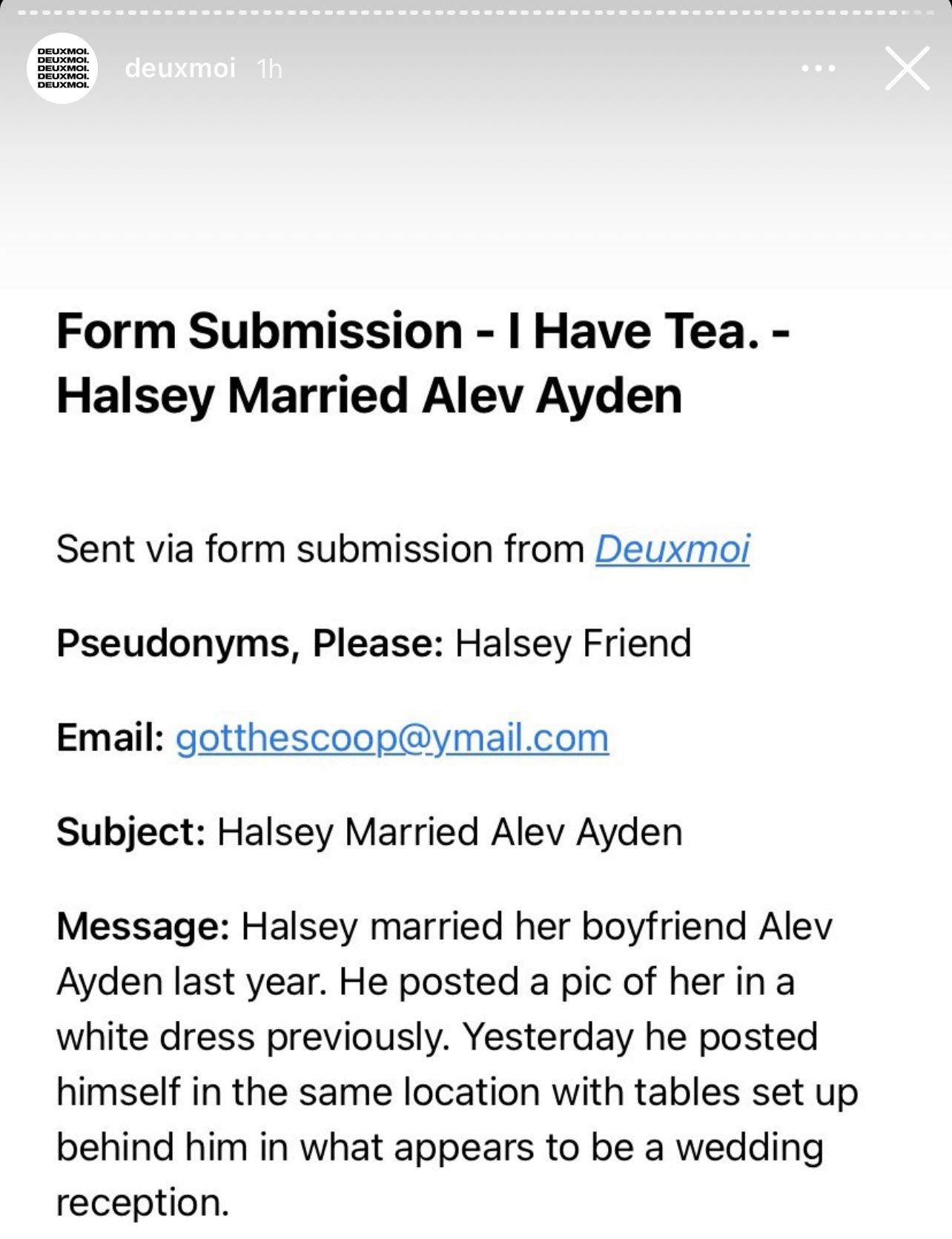 Halsey married? Deuxmoi got this tip Scrolller