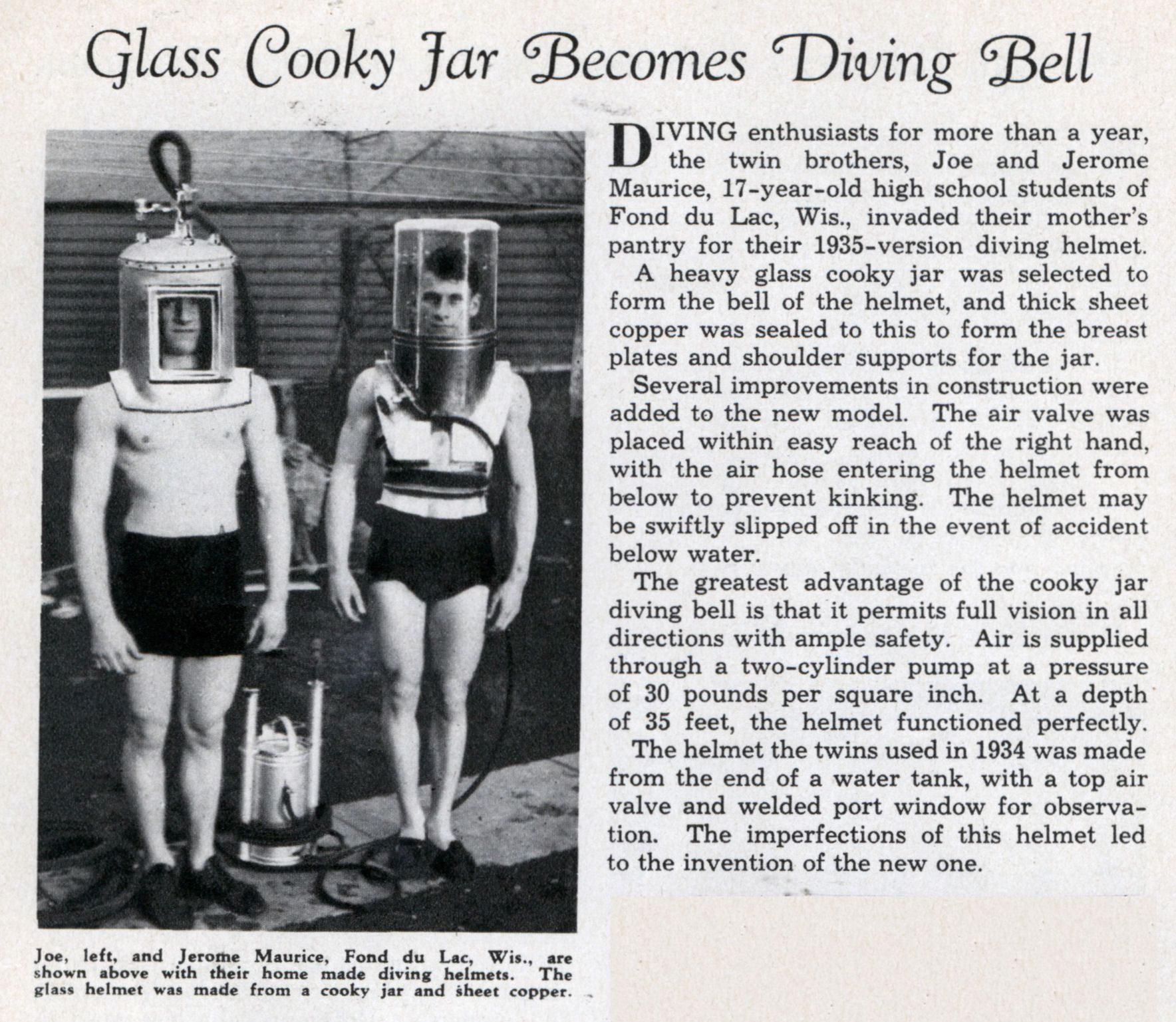 Homemade diving helmet using cooky jar, 1935 Scrolller
