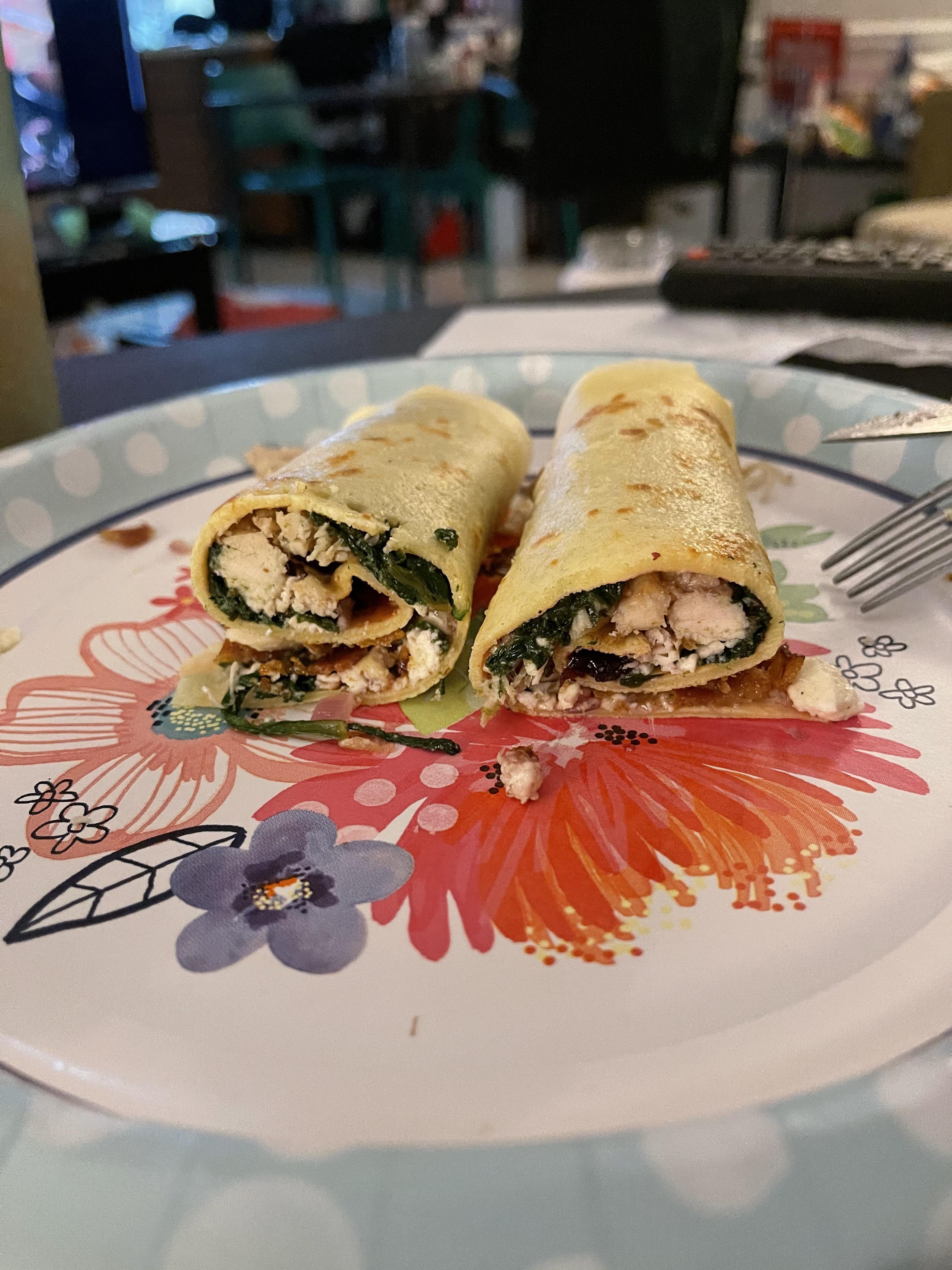 Homemade savory crepes filled with cherry preserves, chicken, bacon