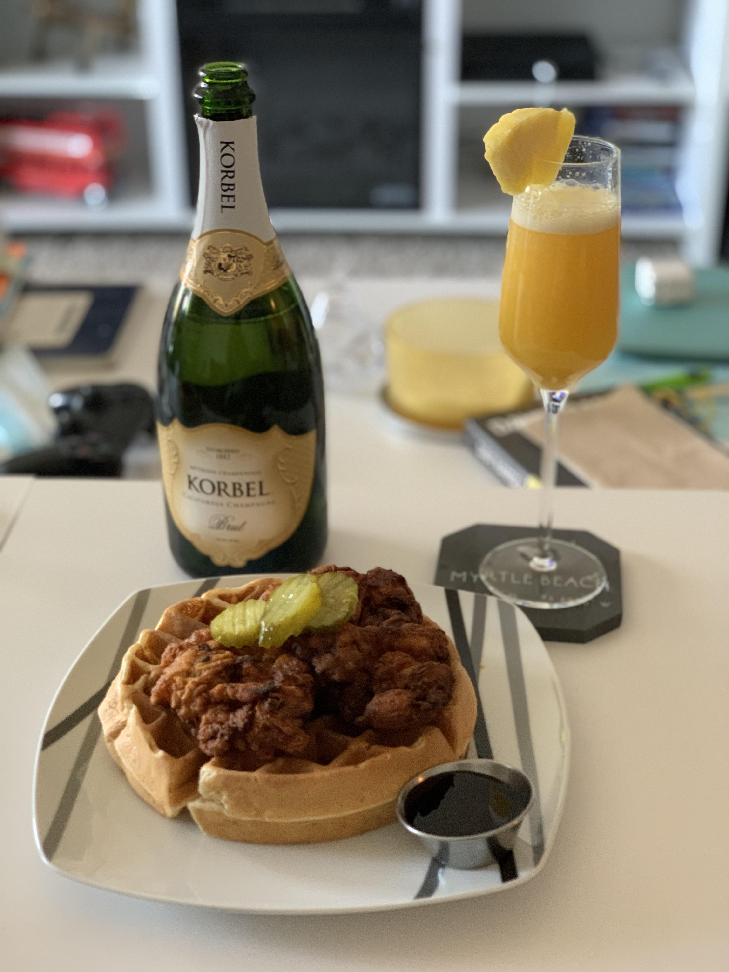 [Homemade] Spicy Chicken and Waffles with Mimosa Scrolller