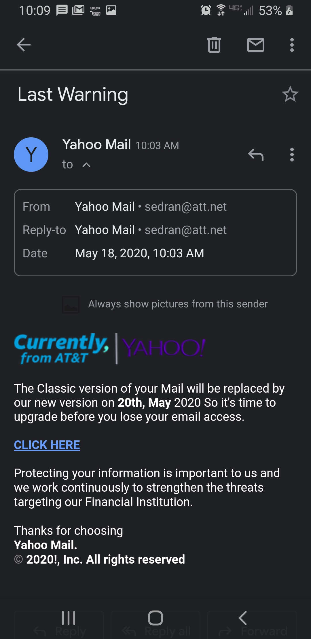 I got an email. supposedly from Yahoo, indicating I need to upgrade or ...