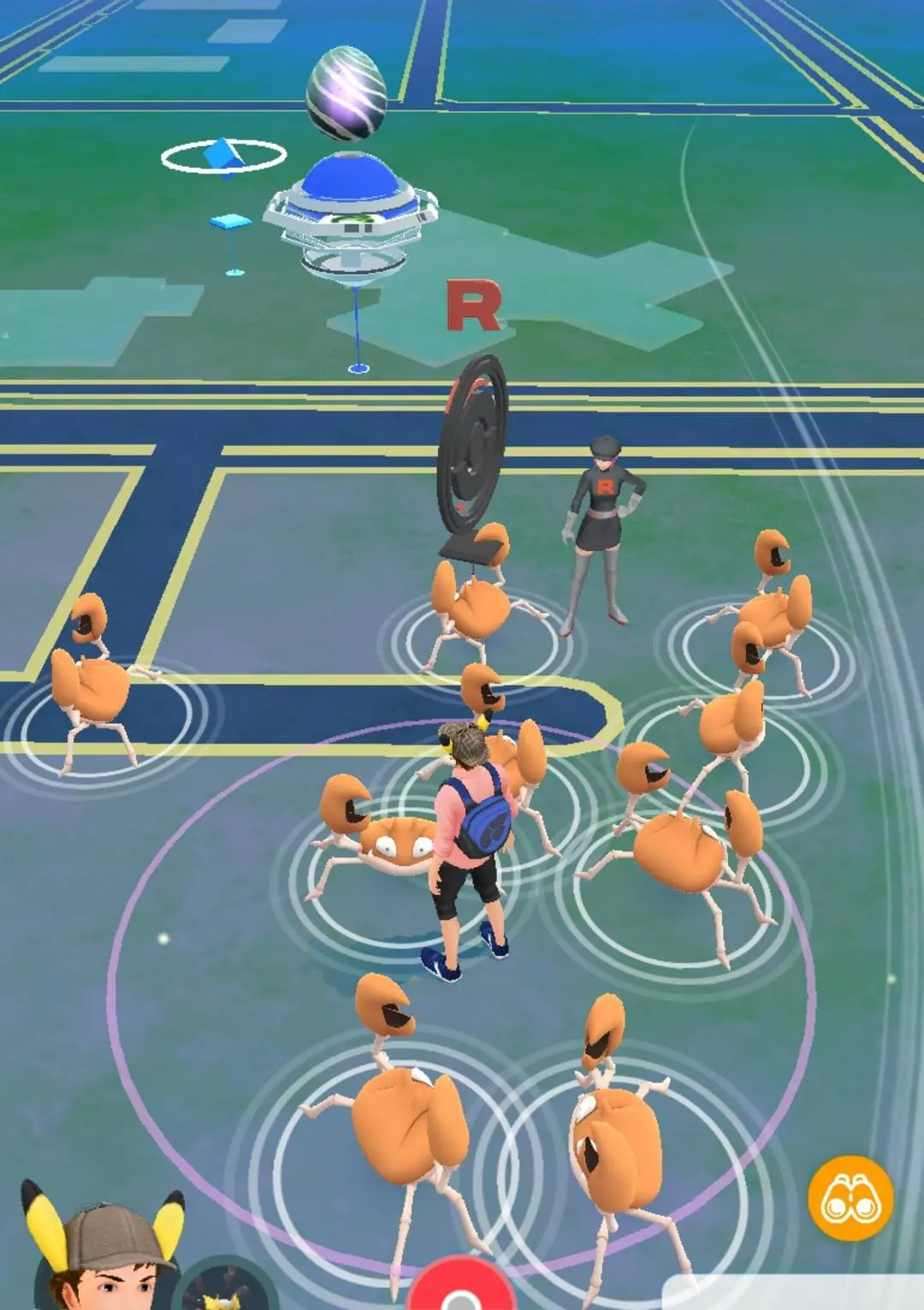 Cursed Pokemon fan art of a character in a pink shirt and blue backpack surrounded by orange creatures