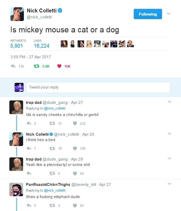 "is mickey mouse a cat or a dog" Nick Colletti funny post Scrolller