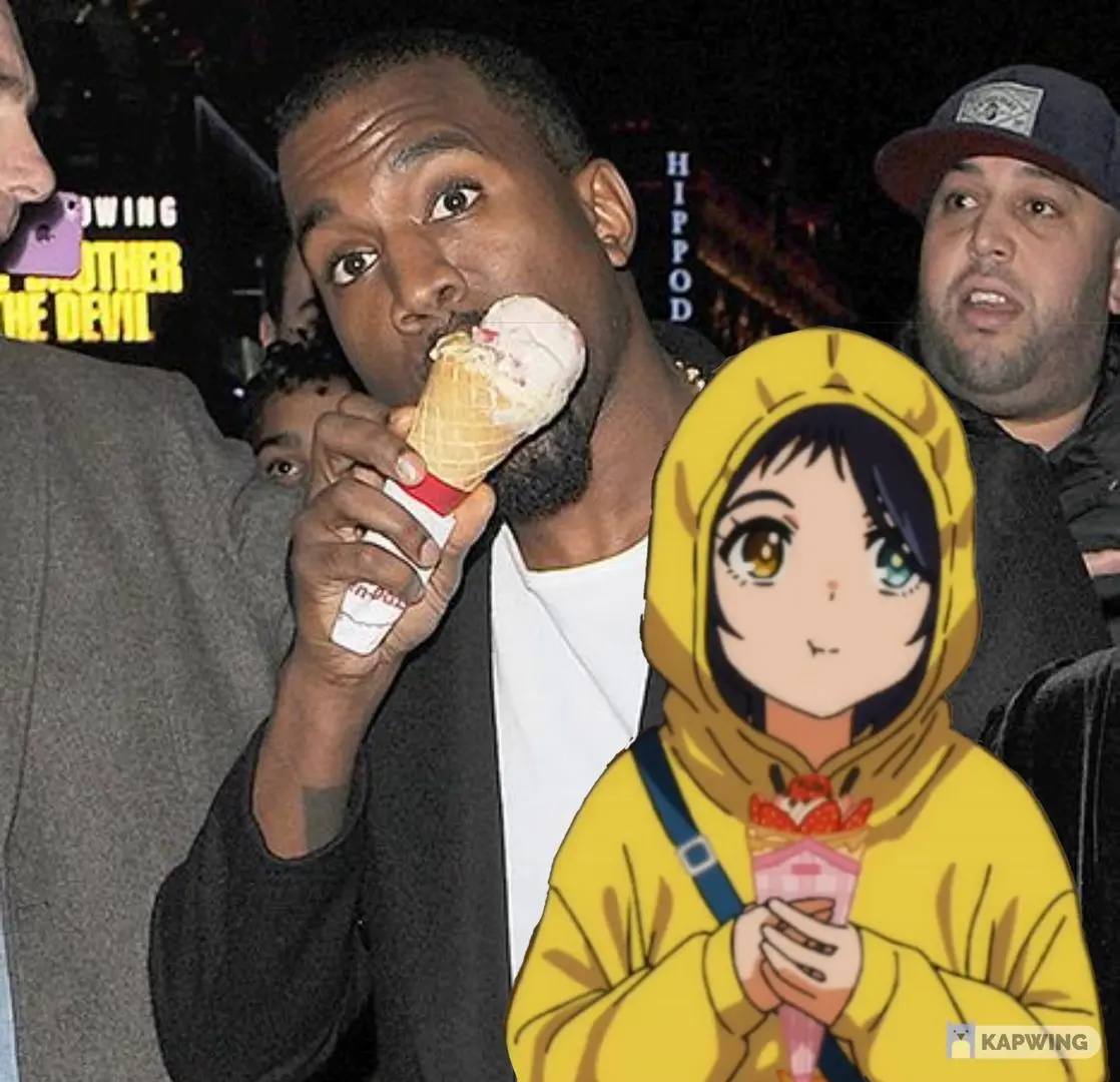 Kanye West eating an ice cream cone on a city street with an anime girl overlaid in a cursed anime meme style.