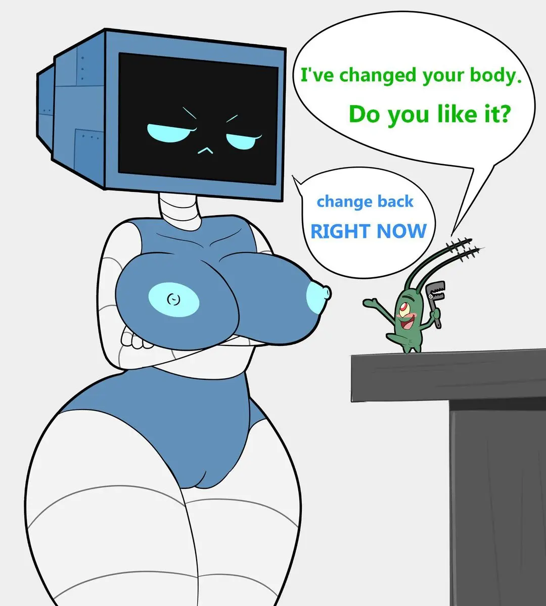 Karen, a busty anthropomorphic female robot with a monitor head and curvy body in a blue bodysuit.