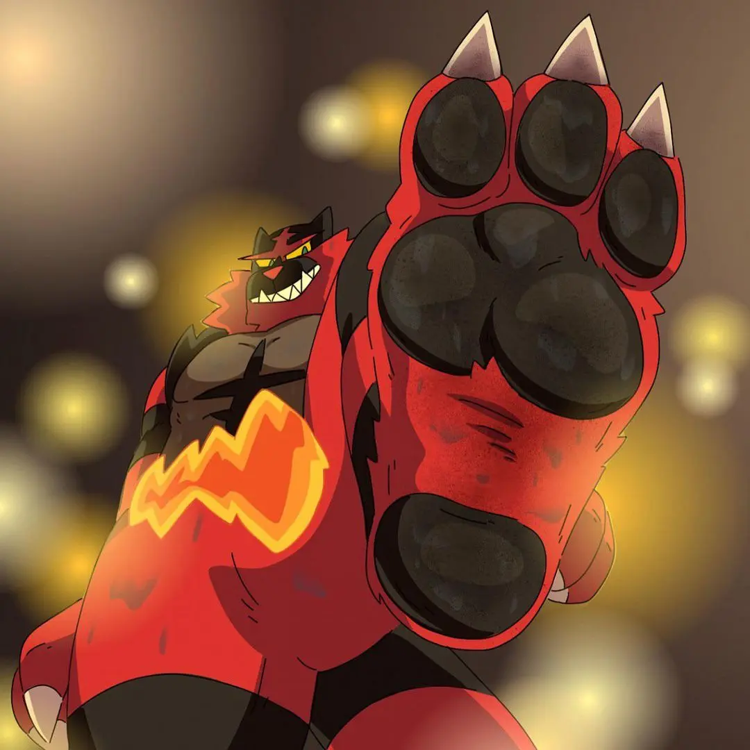 Joeleo55515 muscular red and black anthropomorphic creature posing with a large paw close-up