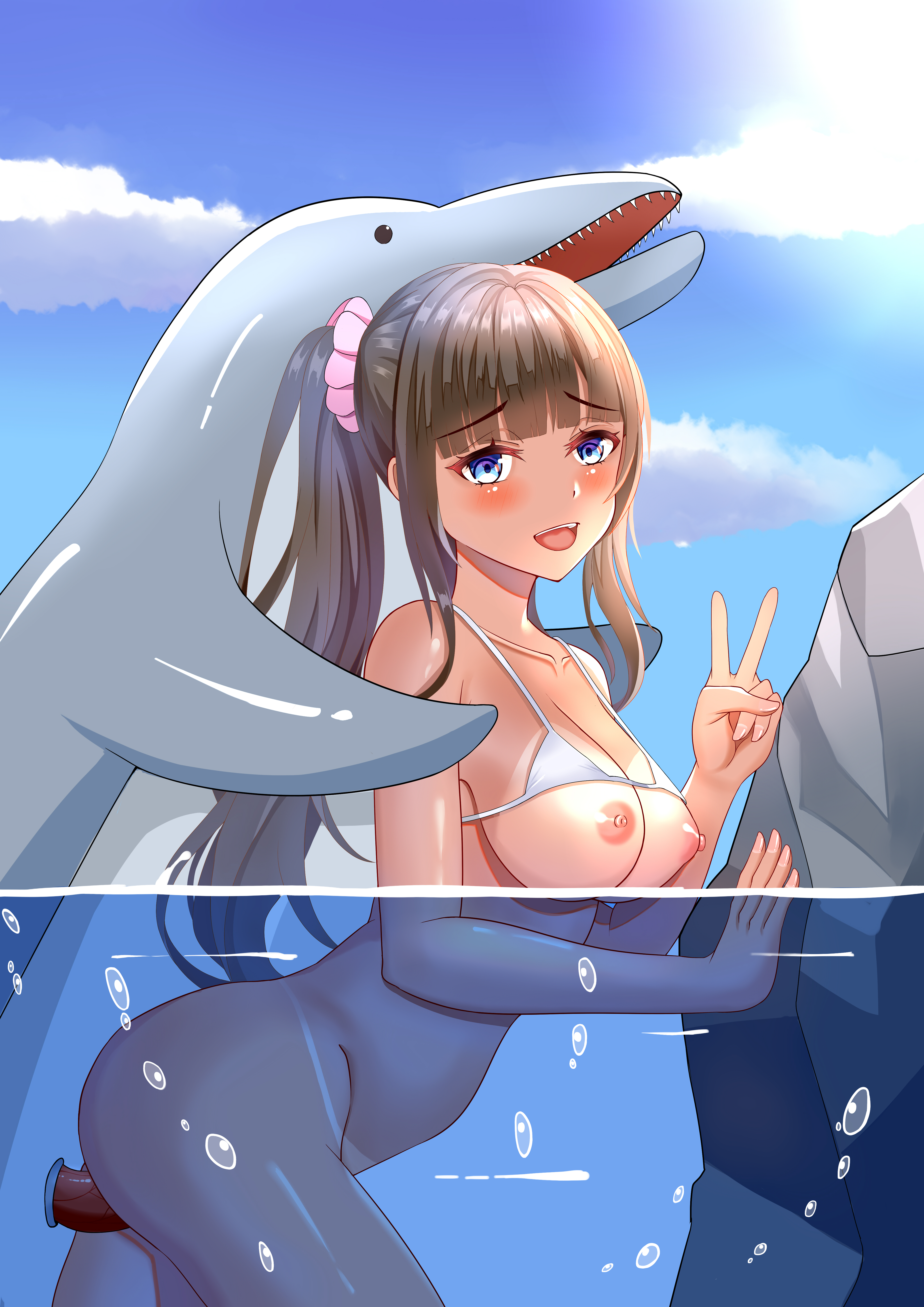 Long haired teen fucked by a dolphin in the water.