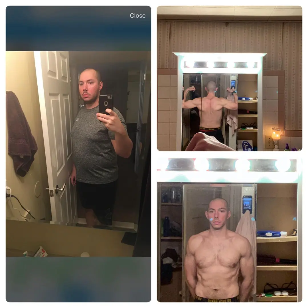 Muscular bald white man posing in a bathroom mirror selfie showing his bodybuilding progress.