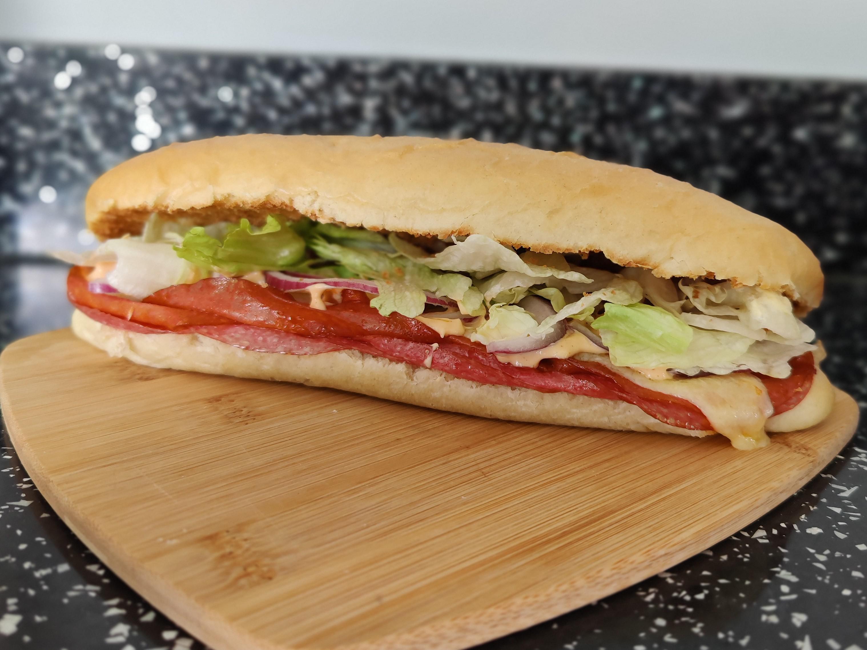 Made my own Subway at home. Pepperoni, salami, smoked cheddar, spicy ...