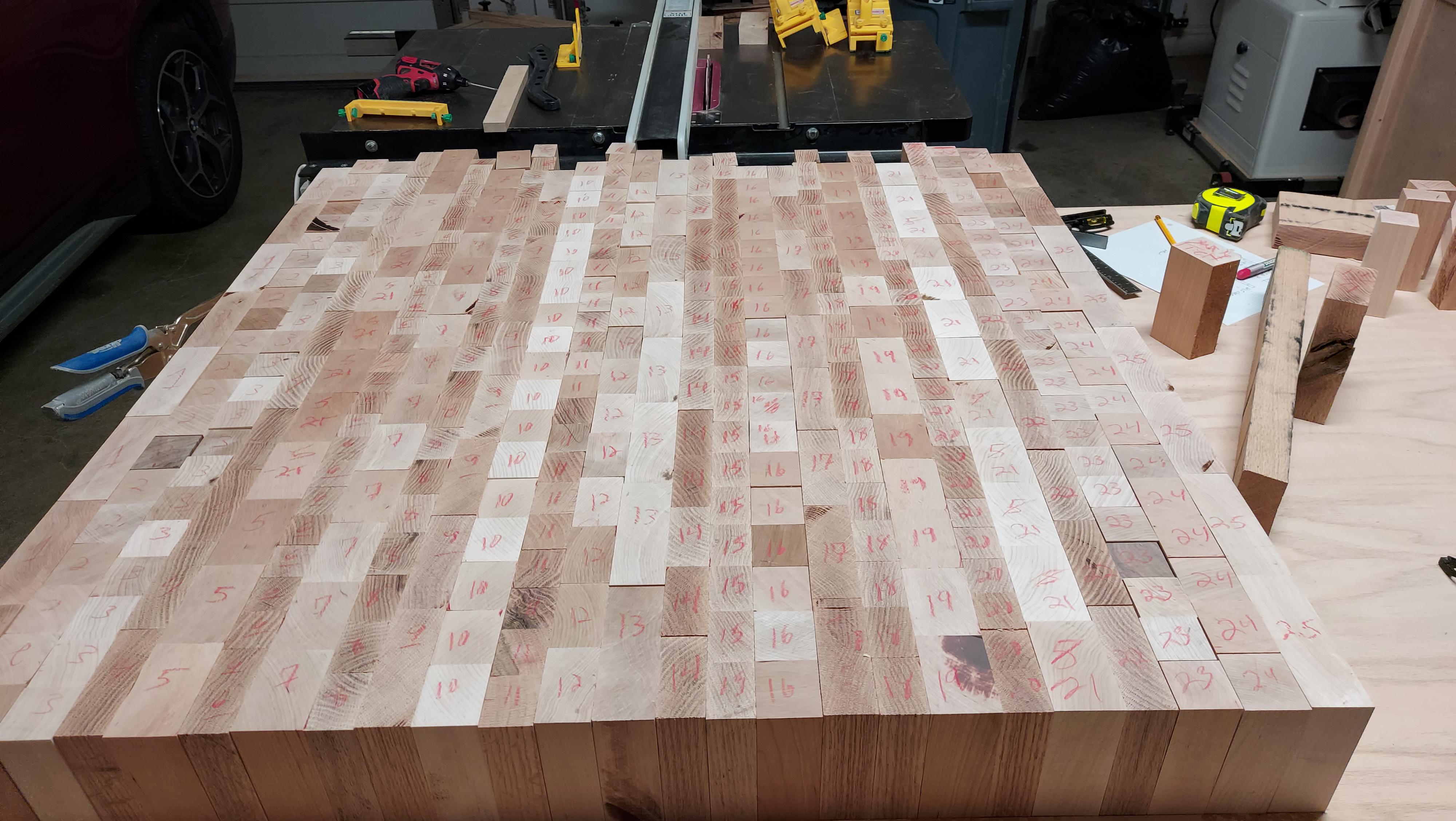 Making a 39"x39"x5" end grain coffee table from scrap cut offs. Any