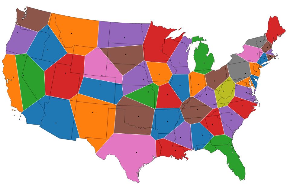 [Map] [950 × 625 pixels] Redrawn US state borders so that all points in