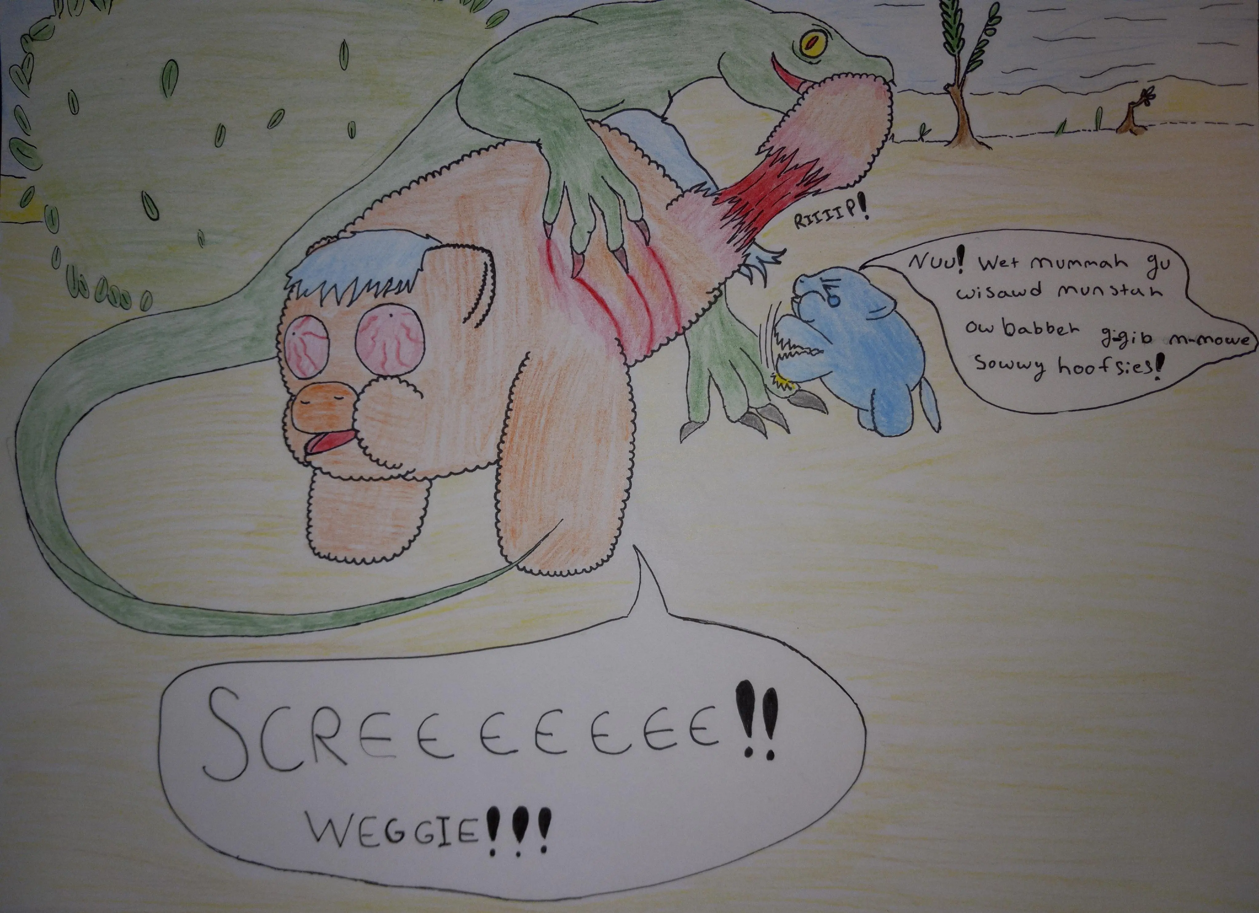 Mummah and babbeh meet a lizard (Drawn by Man-Bat-Person-thing)