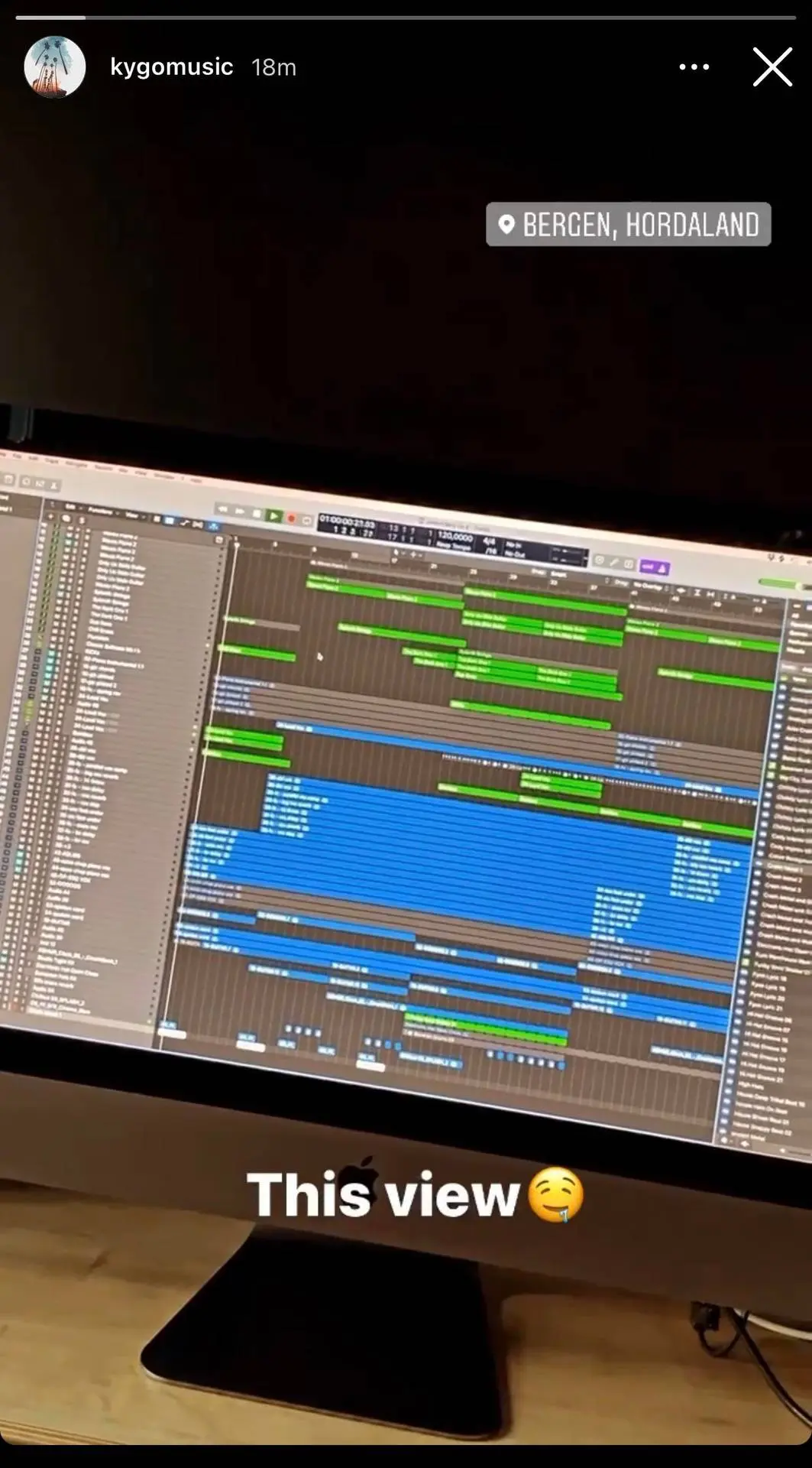 Kygo's gaming pc setup featuring a computer monitor with a complex digital audio workstation project
