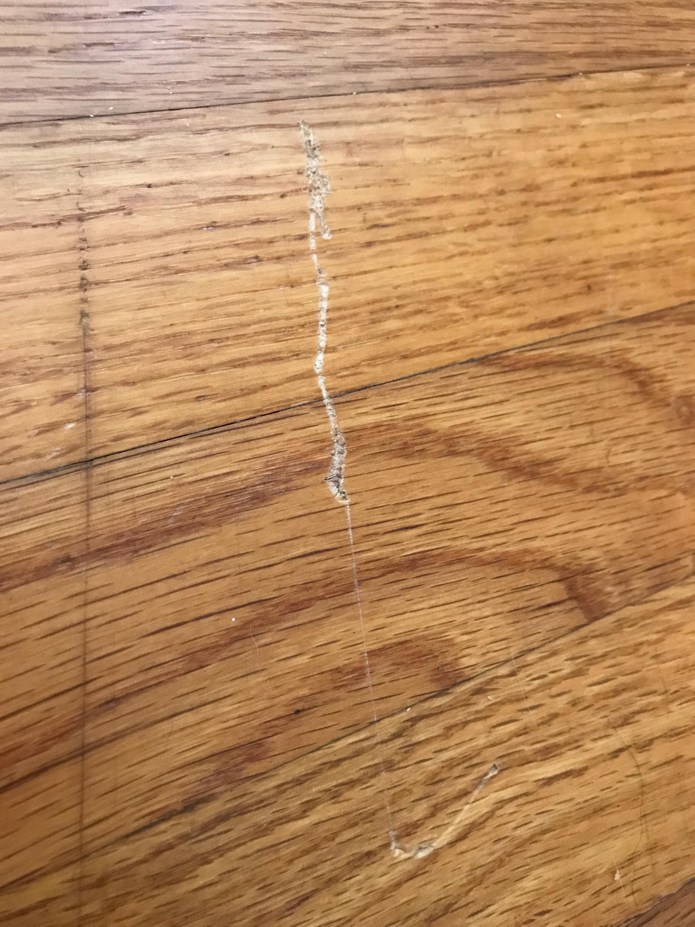 One hell of a bad scratch on an original hard wood floor. Any ...