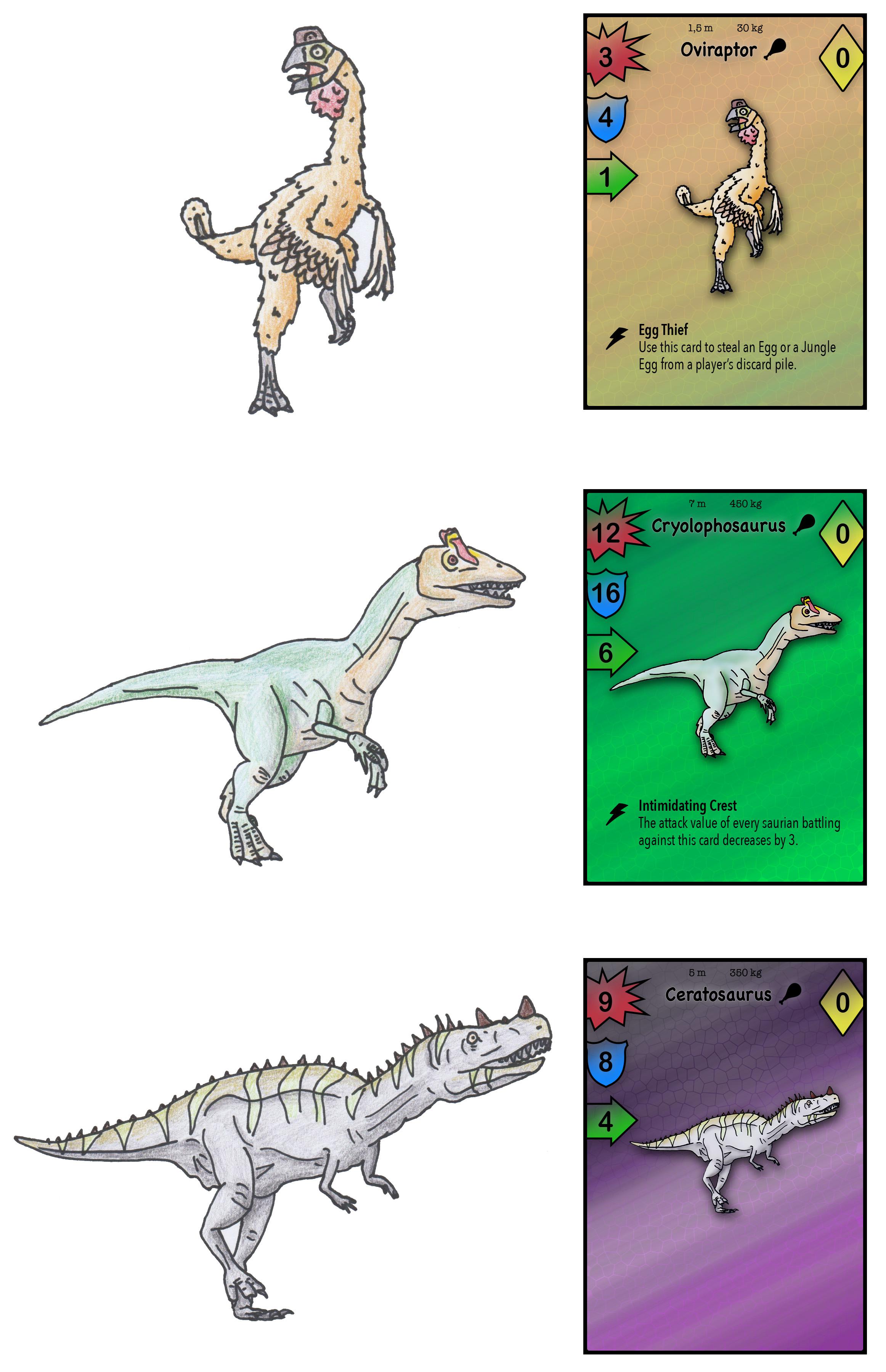 Oviraptor, Cryolophosaurus, Ceratosaurus drawings turned into playing