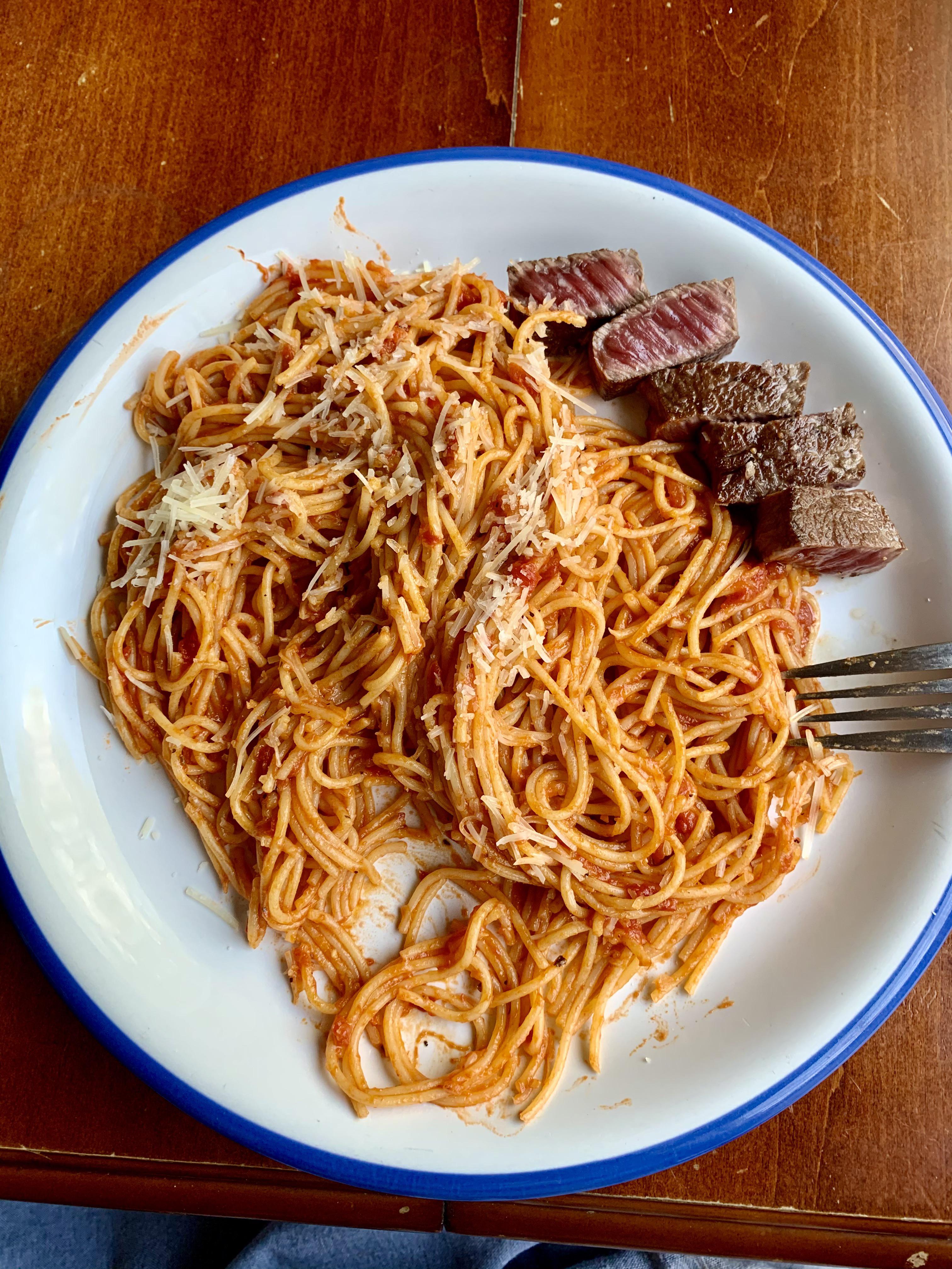 Pasta pomodoro and seared Denver steak...spaghetti and meatballs, sans balls. Scrolller