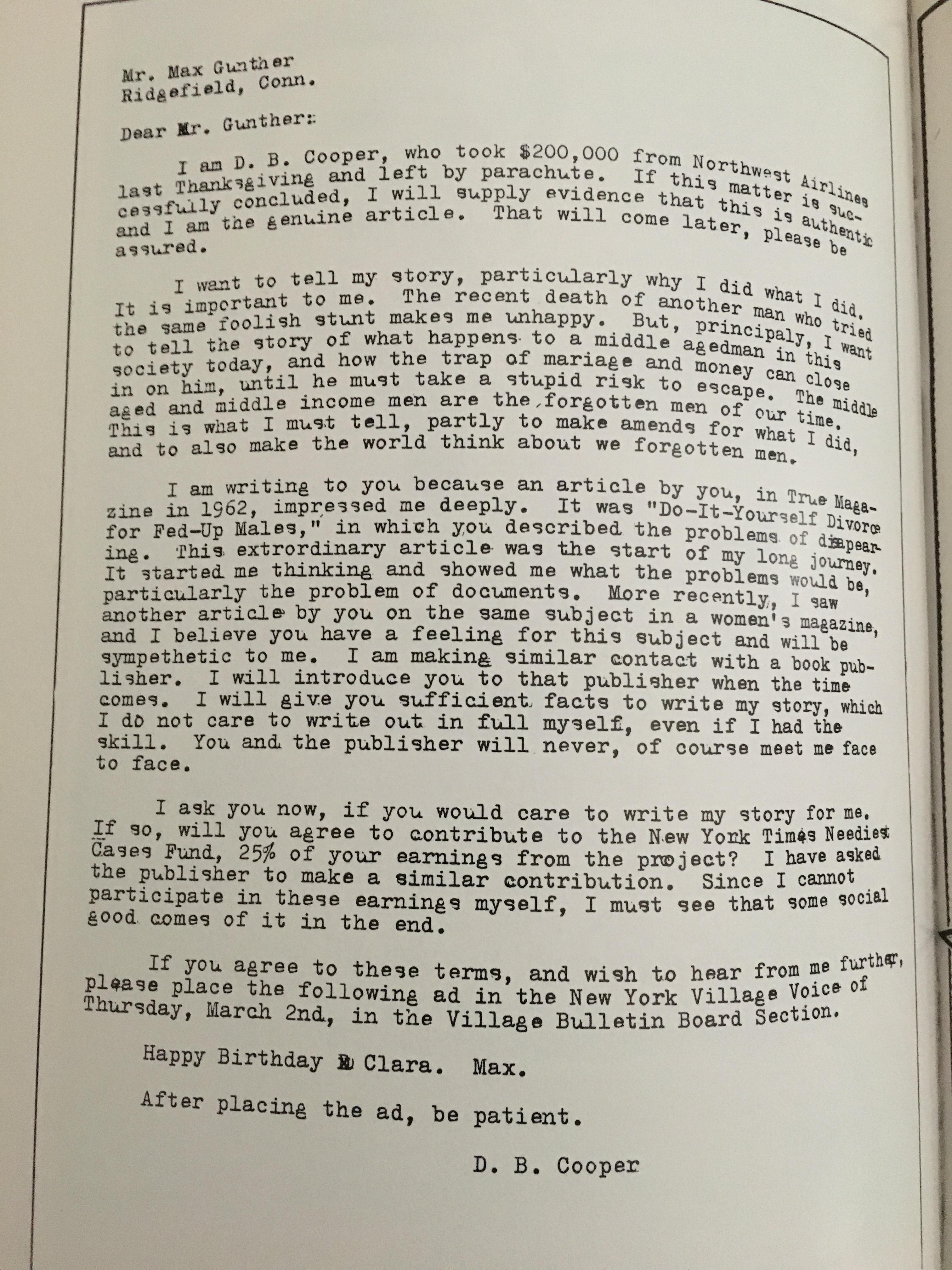 Possible DB Cooper letter from Max Gunther’s 1985 book “DB Cooper: What ...