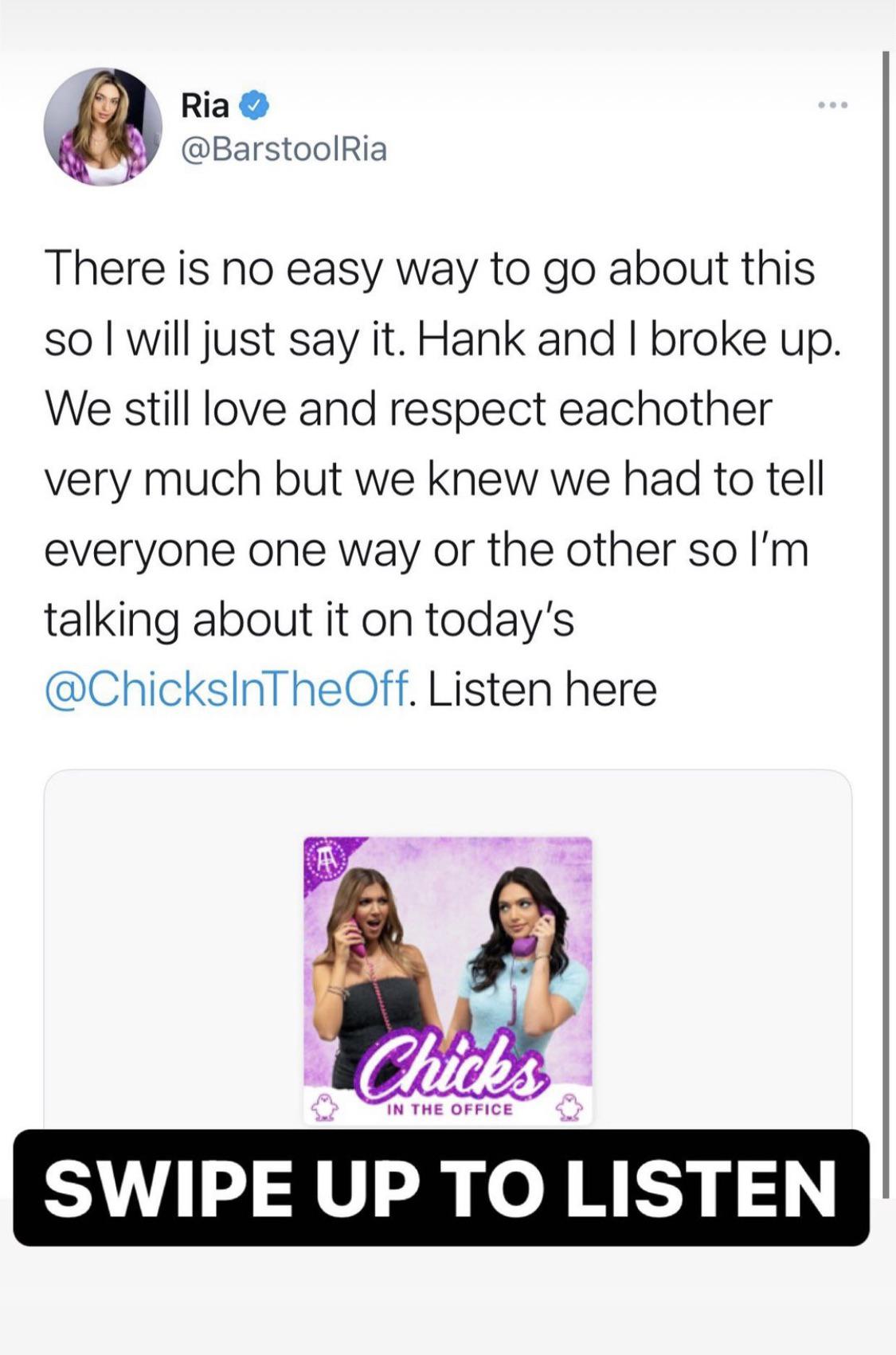 Ria and hank broke up because Ria doesn’t feel like she’s gotten to let