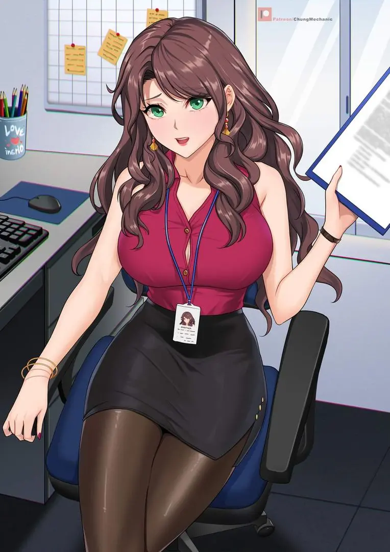 Anime art of Secretary Dorothea from Fire Emblem wearing a pink sleeveless top and black mini skirt in an office