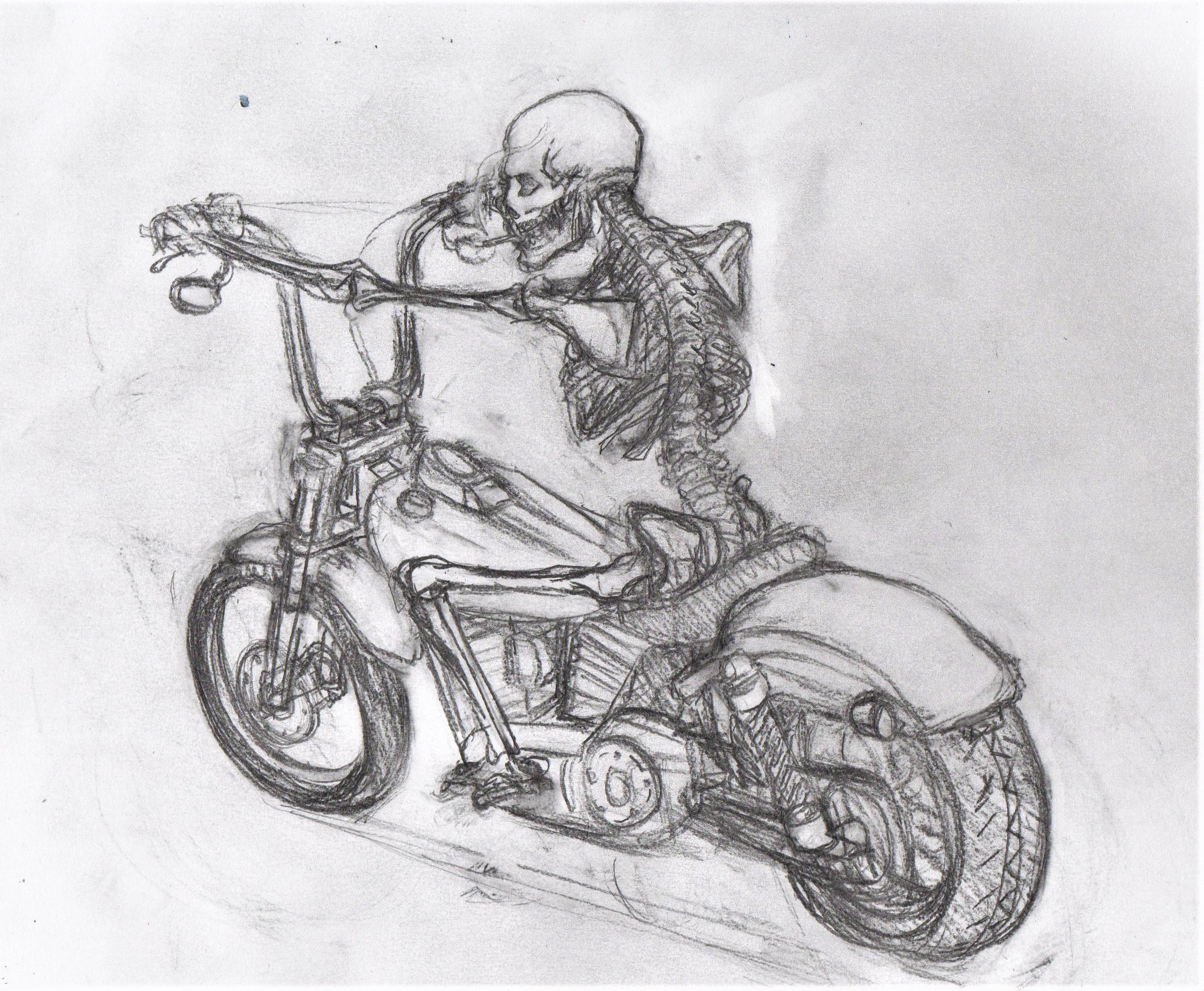 Skeleton riding motorcycle Rough Drawing Scrolller