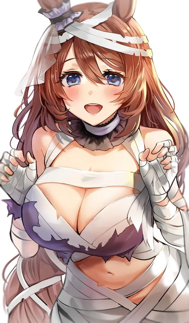 Spooky Creek from Uma Musume as a busty anime horse girl in mummy bandages and a white veil