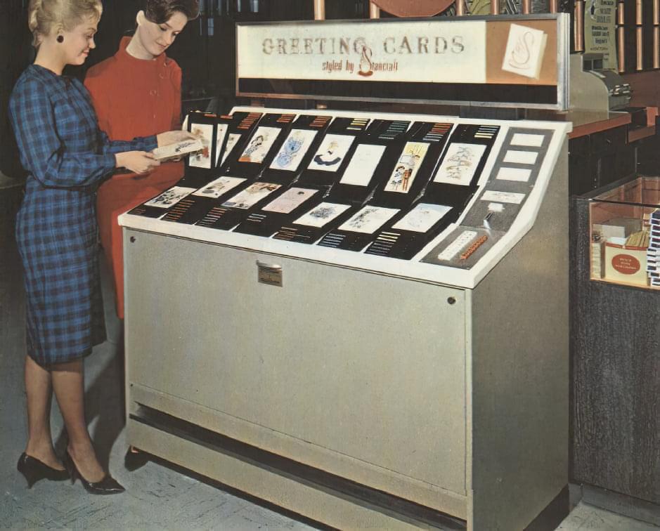 Stancraft 25cent greeting card vending machine, serving and pedestrians in