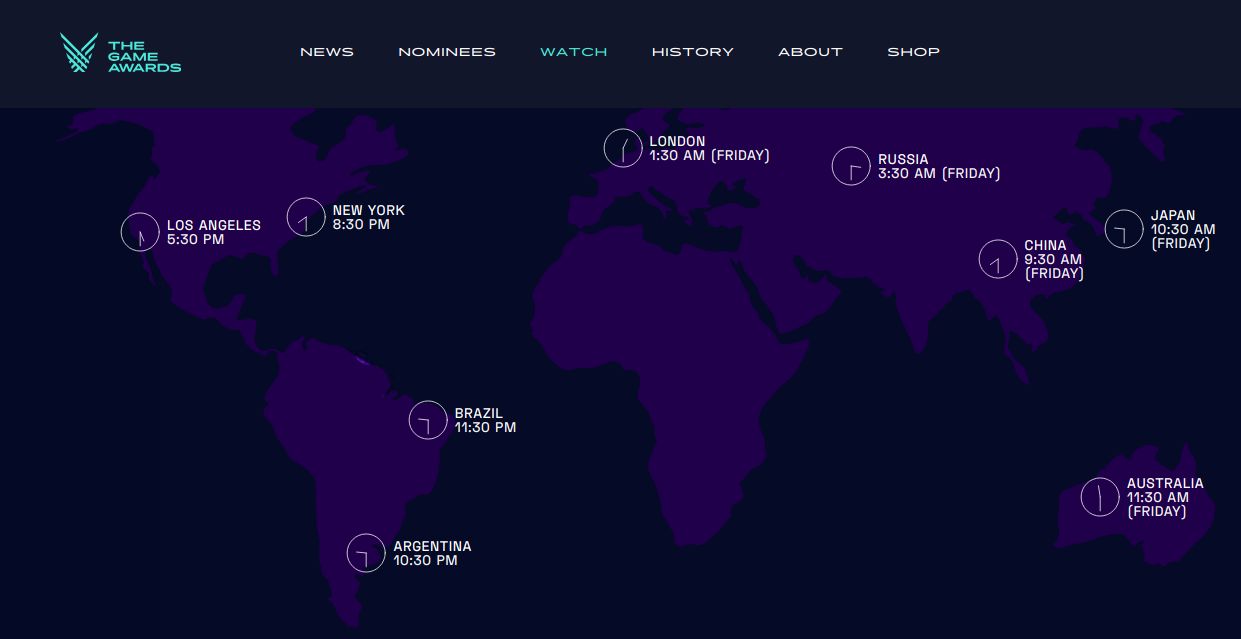 The Game Awards is soon. Here's their timezone map. Scrolller