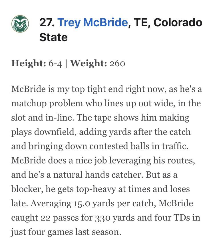 Todd McShay has Trey McBride as his 27 prospect overall and his 1 TE