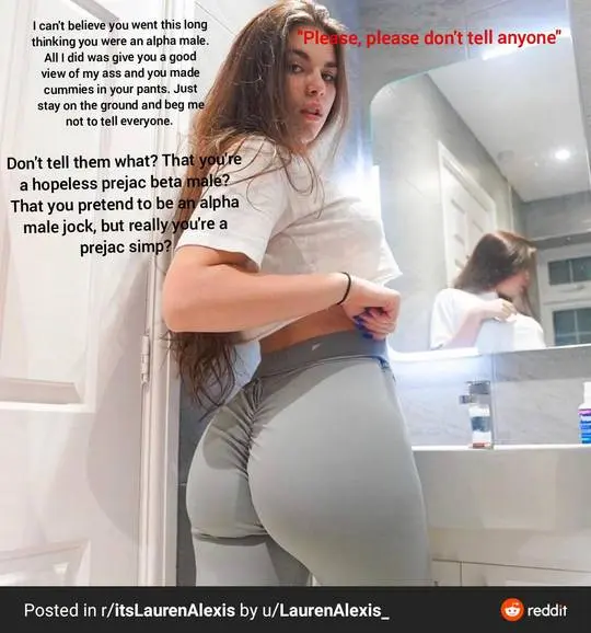 A curvy woman with long brown hair in a white t-shirt and grey leggings taking a mirror selfie meme.