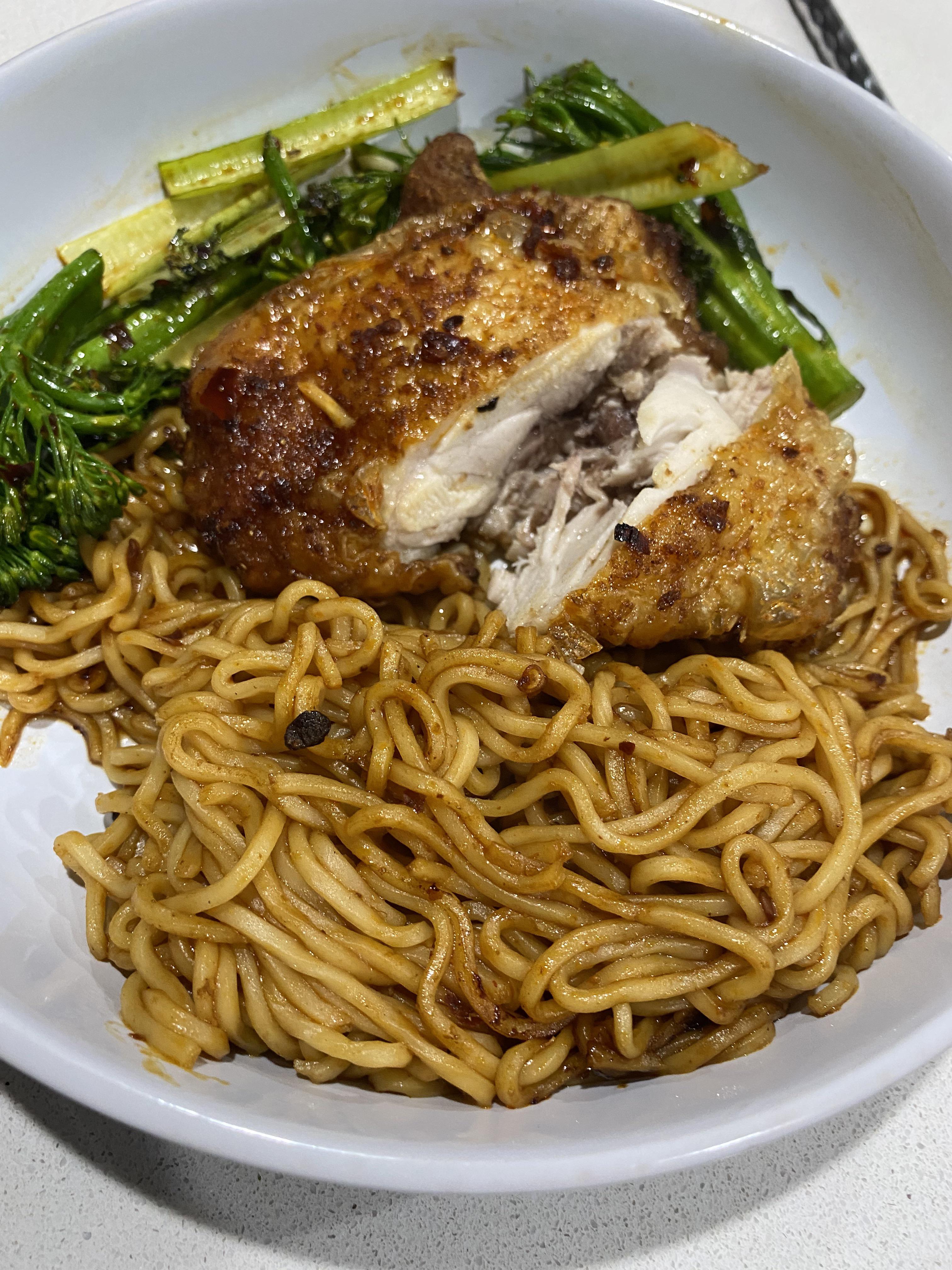 Twice cooked Asian spice chicken, noodles and greens x Scrolller