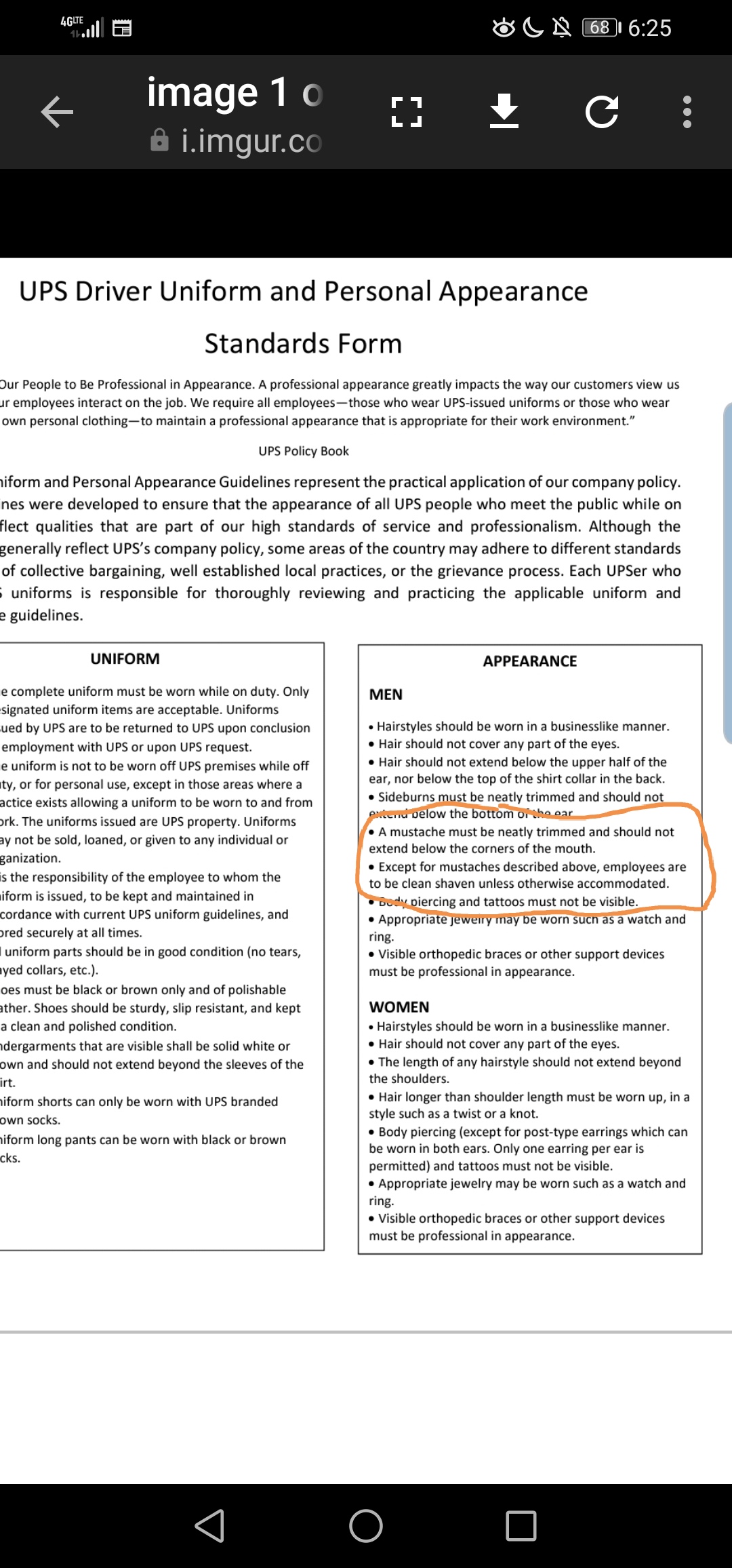 UPS appearance guidelines allow either clean shaven, or a perfectly