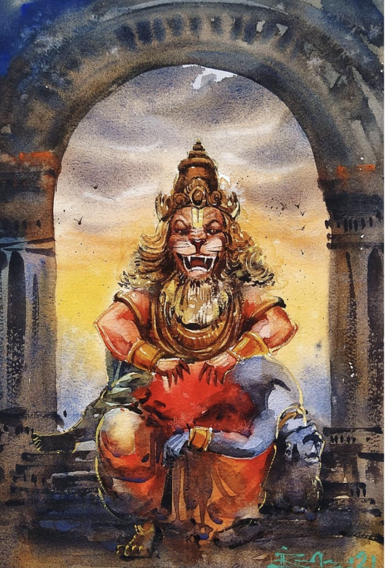 WaterColor on paper depicting : Narsimha : Avatar of the Hindu god Vishnu
