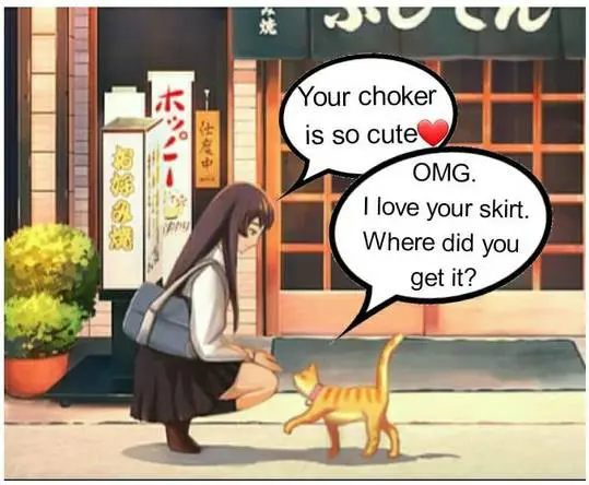 Transfem anime girl in a white shirt and brown skirt talking to an orange cat with speech bubbles on a city street