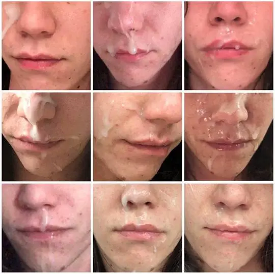 Slim brunette woman with a cum face in a series of selfies.
