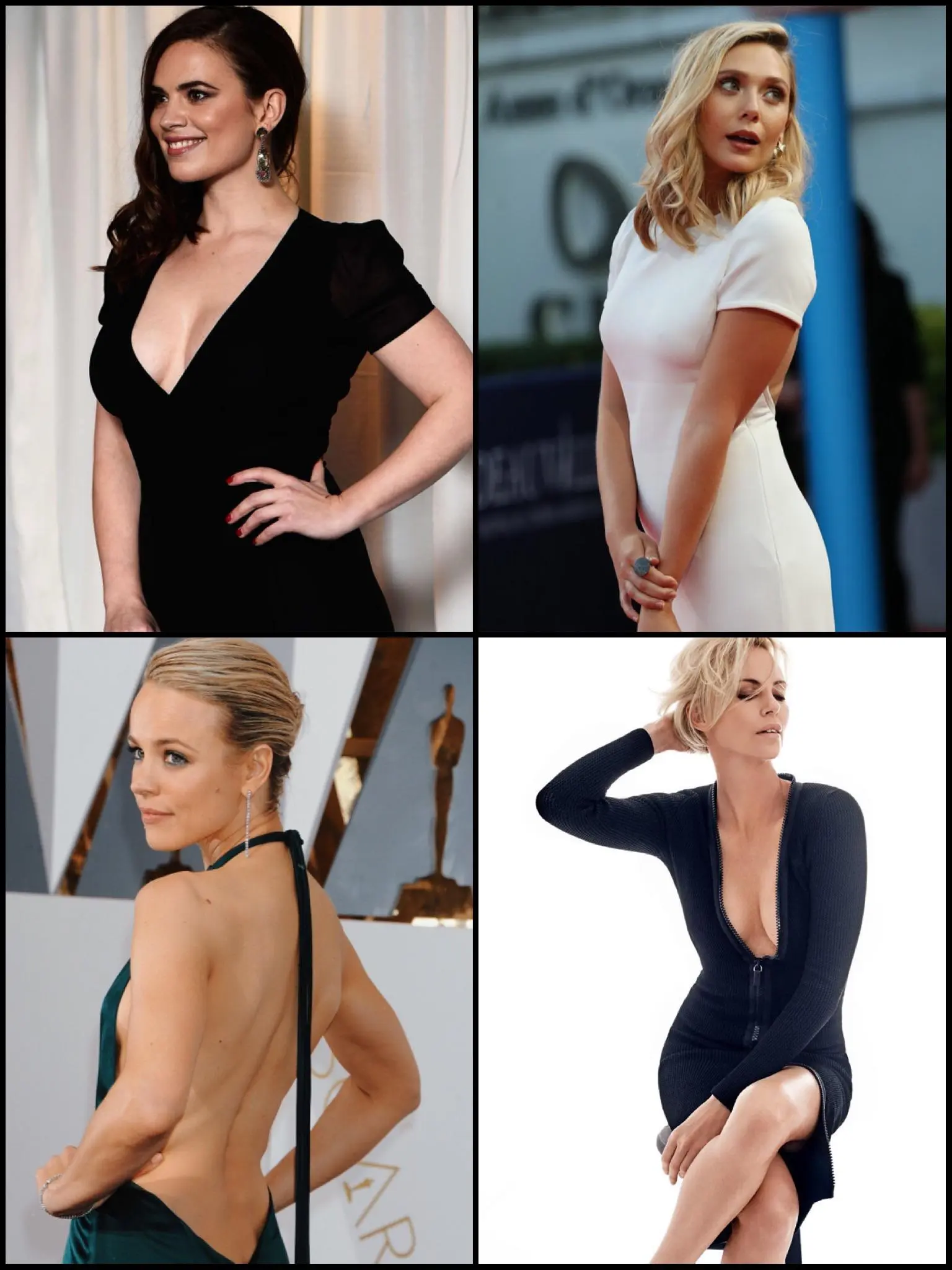 1. Fast doggy w/anal fingering, cum on her back 2. Passionate spoon fuck while you make out and grab her tits, finish on back 3. Slow missionary, finish w/ a dirty talk bj 4. Rough cowgirl w/ ass spanking &amp; bareback creampie (Hayley Atwell, Elizabeth Olsen, Rachel McAdams, Charlize Theron)