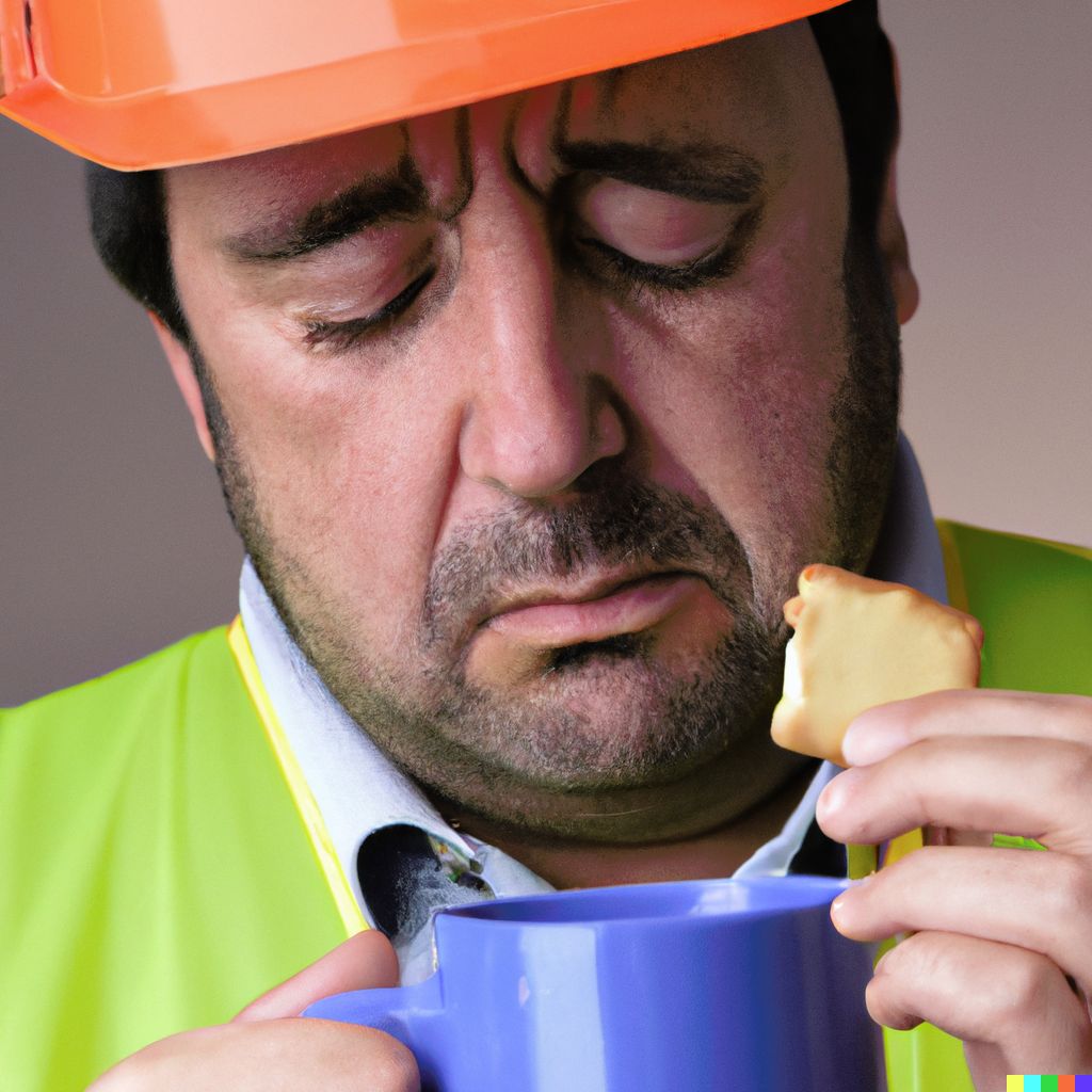 A crying builder looking at the remains of his biscuit as half of it ...