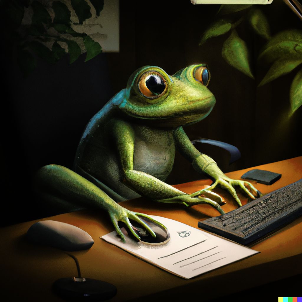 a frog working as a software developer, digital art | Scrolller
