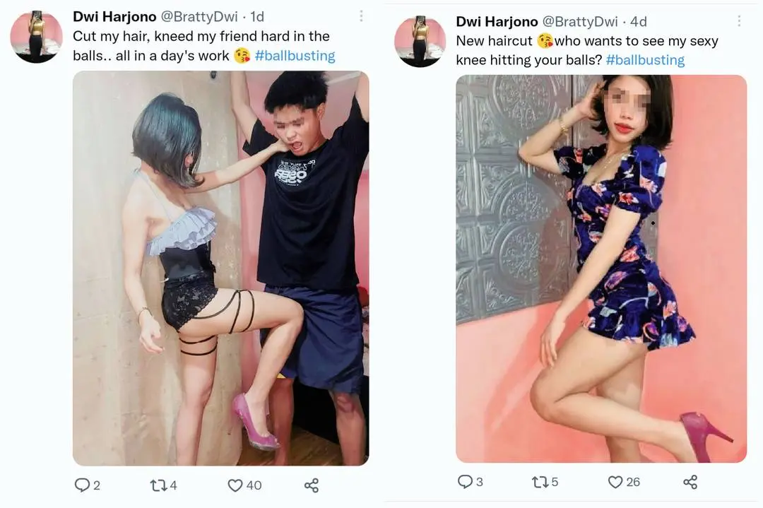 Dwi Harjono in a blue floral dress and black lingerie performing ballbusting on a man