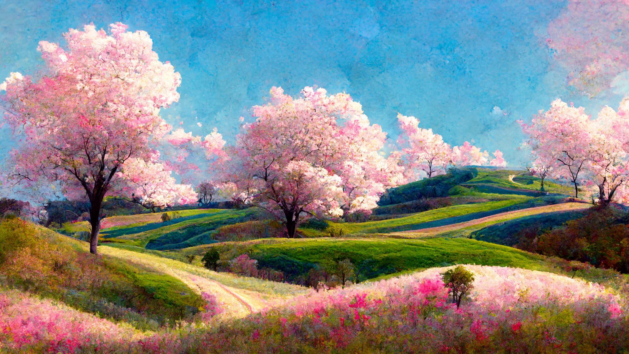 A rolling hills landscape with pink flowers and cherry blossom trees ...