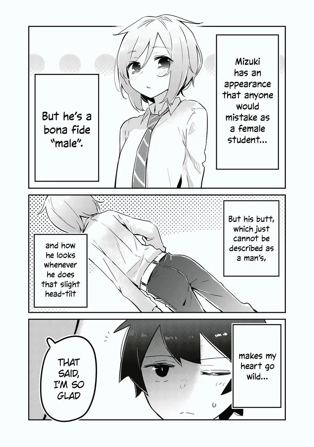 Anime femboy manga page with a feminine male student in a white shirt and tie and another character's reaction.