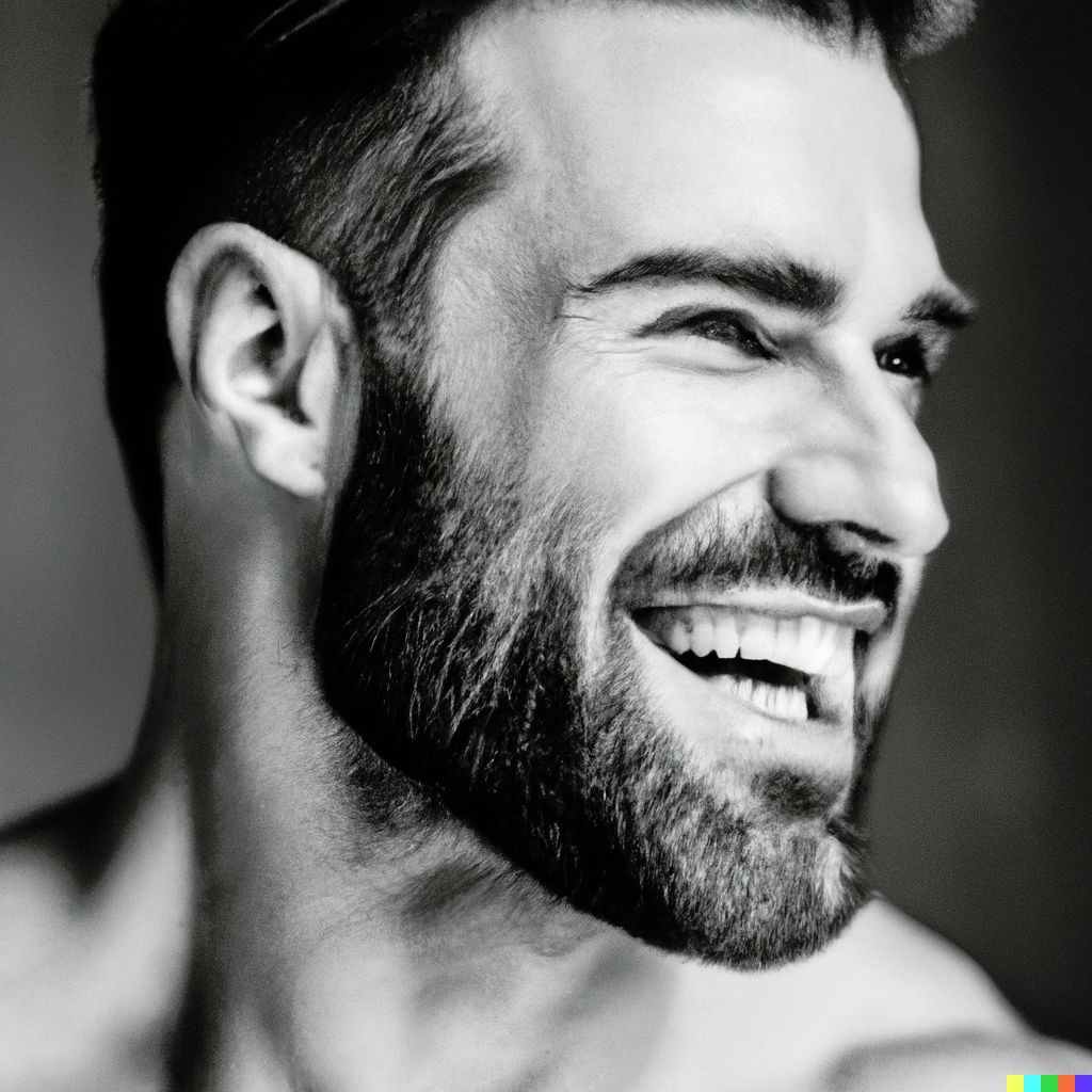 “Black and white photography of a very muscular man smiling with a ...