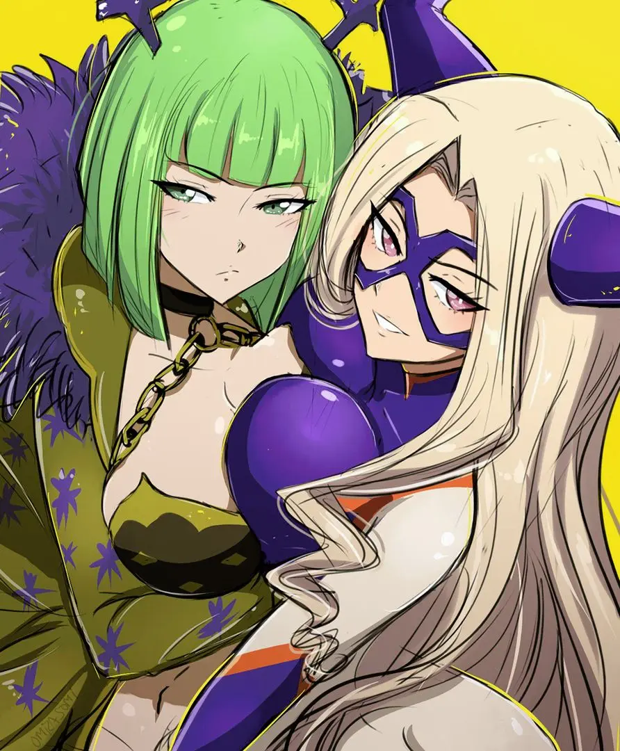 Brandish and Mt. Lady from My Hero Academia in yuri anime art, posing closely with cleavage and a mask.