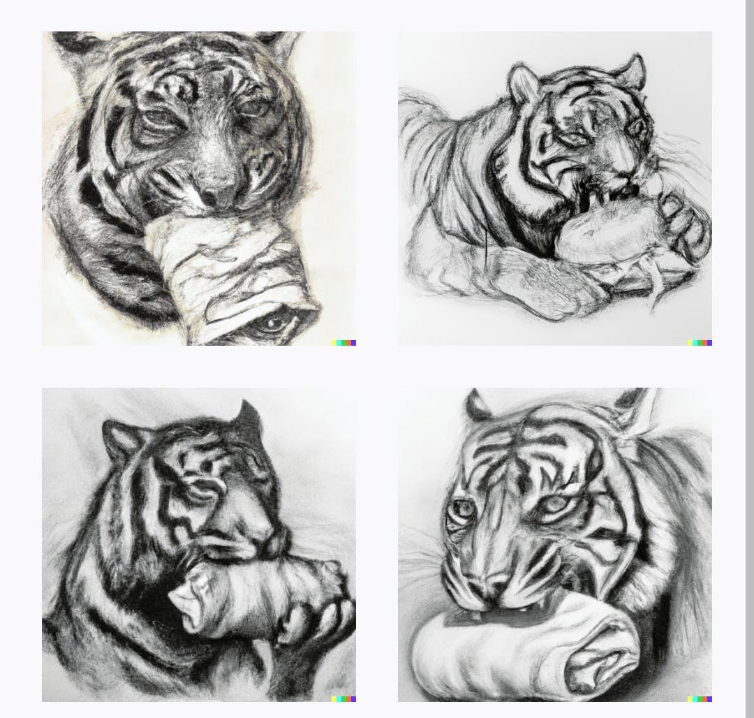 Charcoal drawing of a lifelike tiger eating a burrito. I'd hang this on ...