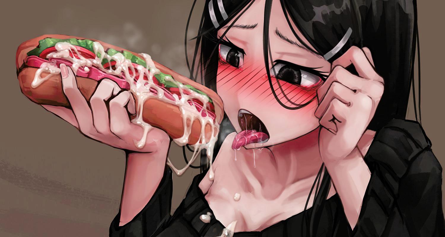 Anime girl eating cum with food