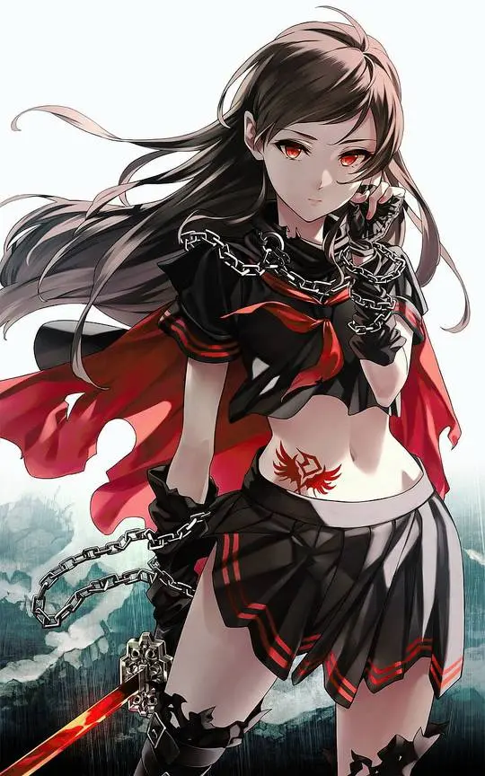 Cute anime girl with long dark brown hair, red eyes, and a black crop top and skirt with a red cape and chains
